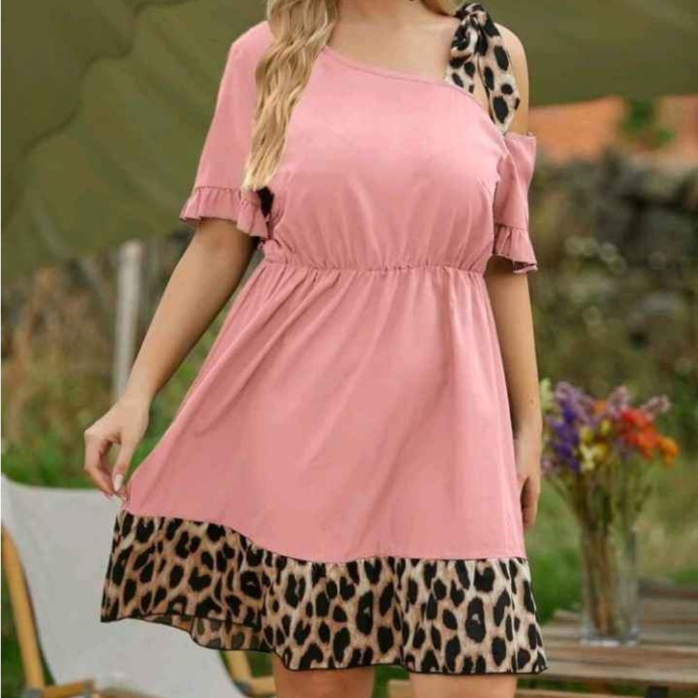 3XL SHEIN Pink One Shoulder Dress with Leopard Print